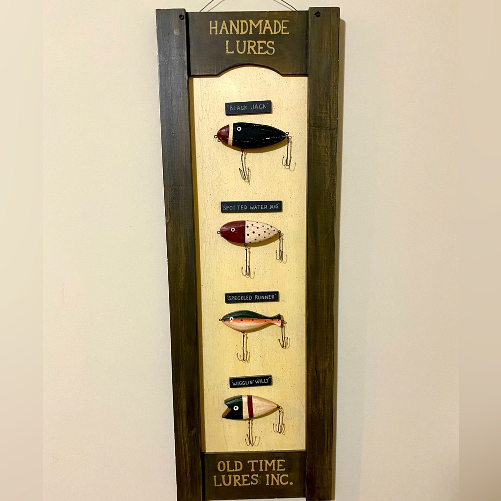 Wooden cabin decor fishing lure sign